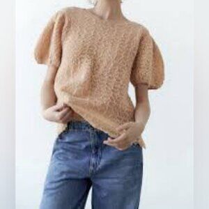 NWT Zara puffy sleeves open back short sleeve chiffon textured top Sz M